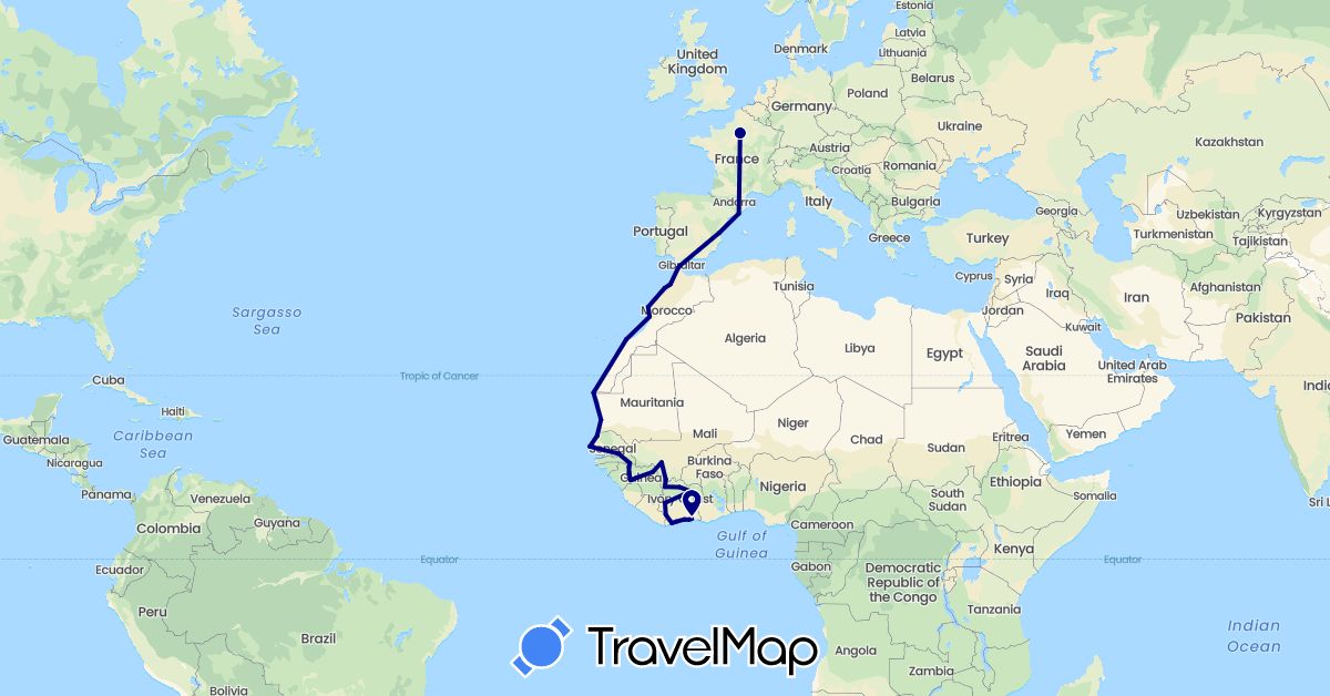 TravelMap itinerary: driving in Côte d'Ivoire, Spain, France, Guinea, Morocco, Mali, Mauritania, Senegal (Africa, Europe)